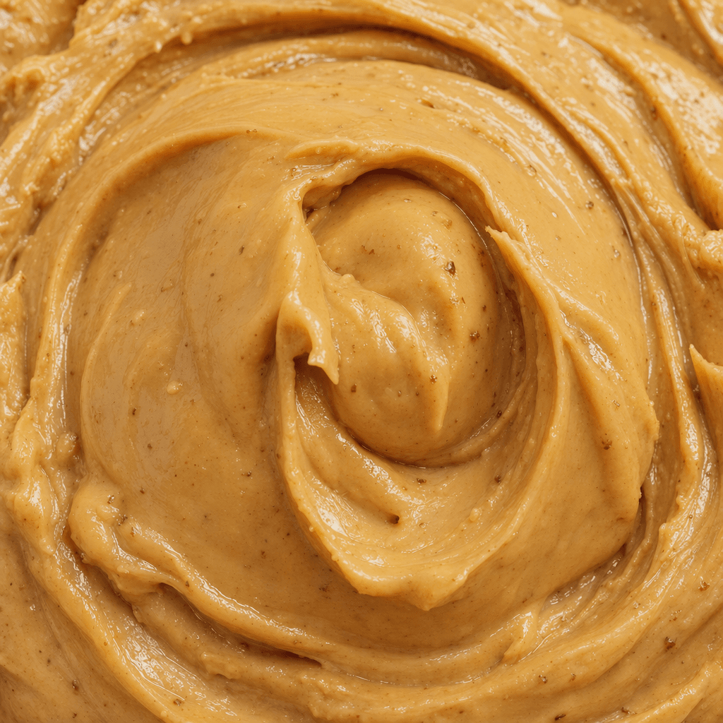 A mound of thick, smooth, glossy tan-brown peanut butter with faint darker flecks, spread in soft ridges and swirls.