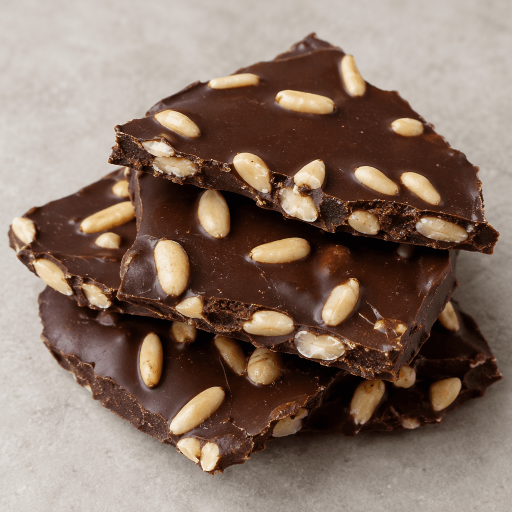 A dark brown chocolate slab broken into irregular pieces, with pale ivory pine nuts embedded across its smooth, slightly glossy surface and visible along the broken edges.