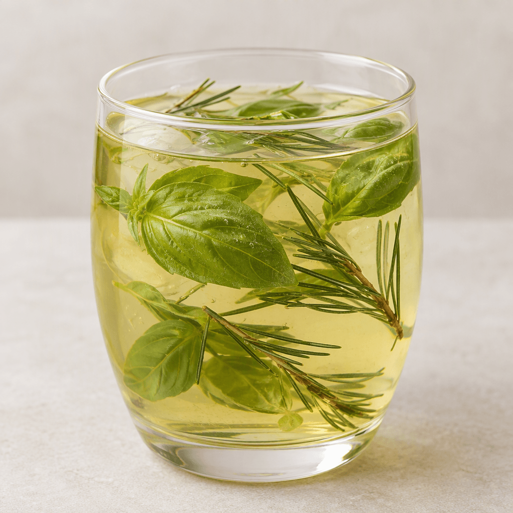 A translucent pale green-gold drink sits in a clear glass, with fresh basil leaves and slender pine needles visible in the liquid.