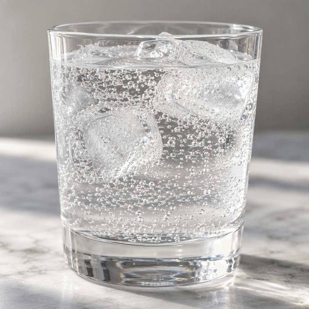 A clear, colorless fizzy soda with fine bubbles rising through it, served in a transparent glass.