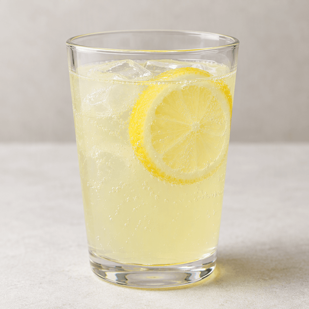 Pale yellow, translucent lemonade with fine bubbles, served in a clear glass with a slice of lemon.