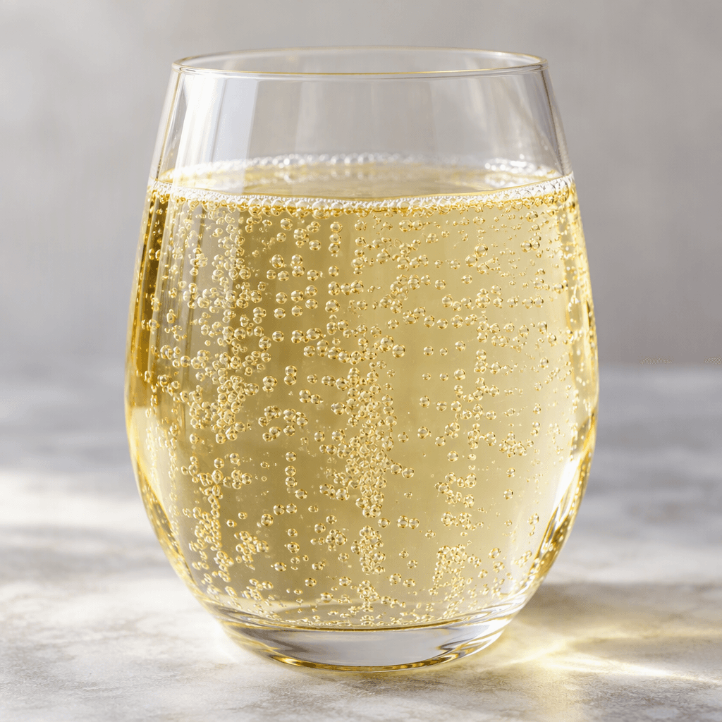 A clear, pale yellow carbonated drink sits in a glass, with fine bubbles rising through it.