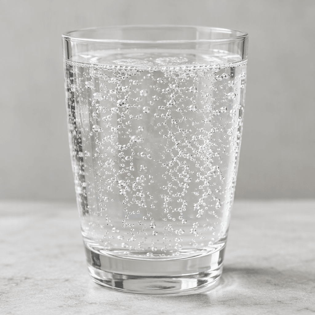 A clear, colourless fizzy drink in a glass, with fine bubbles rising through it.