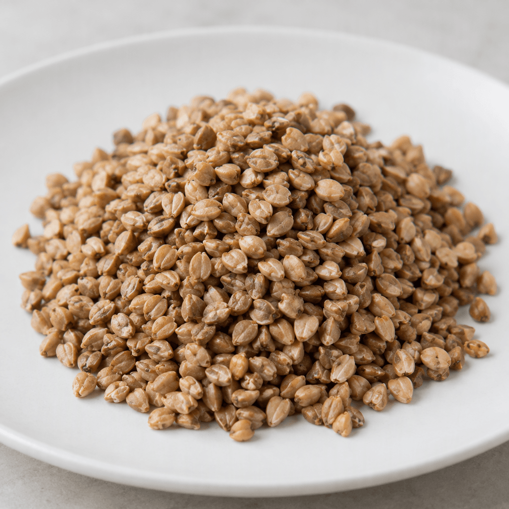 A loose mound of small, dry, tan-brown grains, with irregular kernels and a lightly rough surface, is arranged on a plain plate.