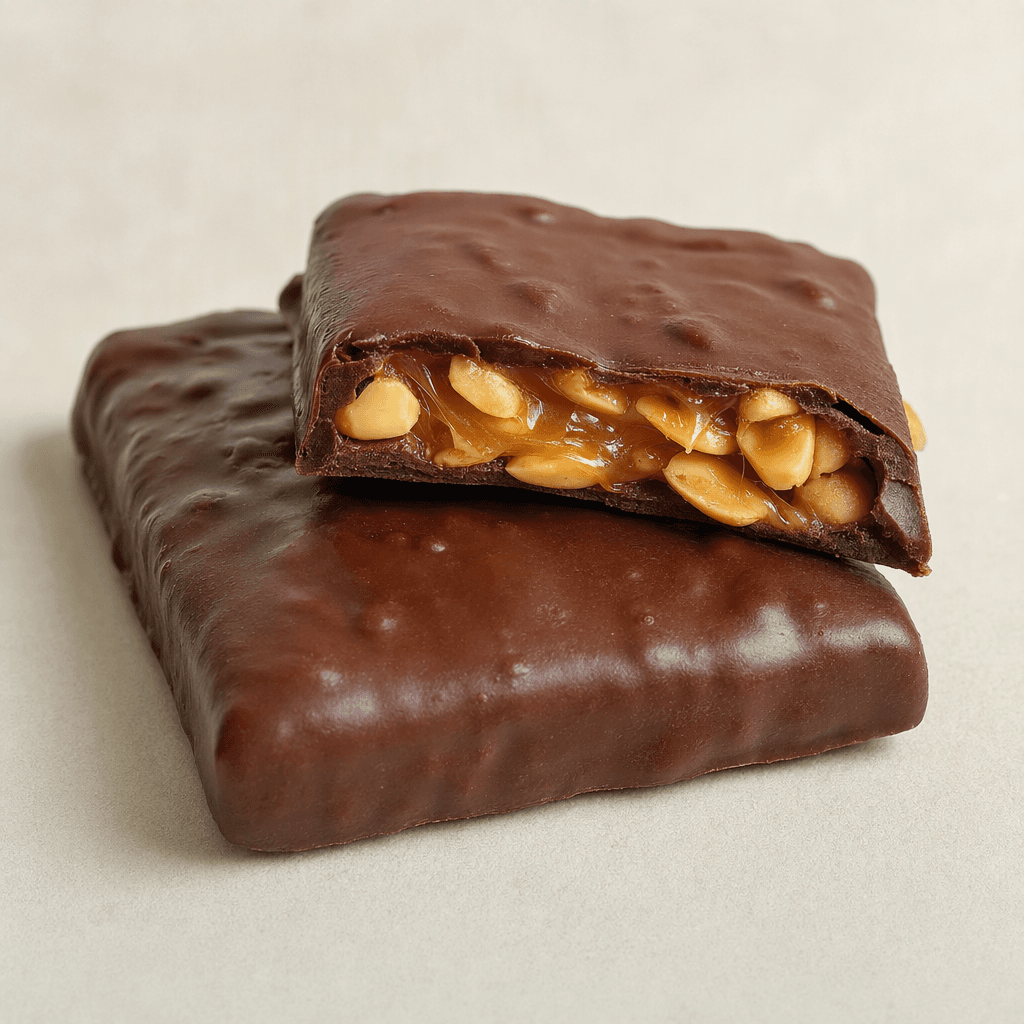 A rectangular dark chocolate bar with a slightly uneven, glossy brown coating, shown whole beside a cut piece that reveals sticky caramel and pale roasted peanuts inside.