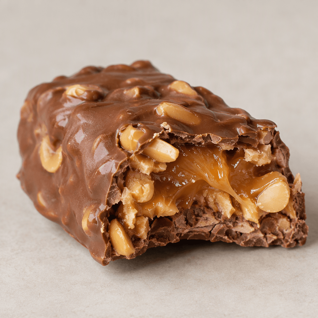 A thick, irregular rectangular bar coated in glossy milk chocolate, with peanuts and chewy caramel visible where it is broken open.