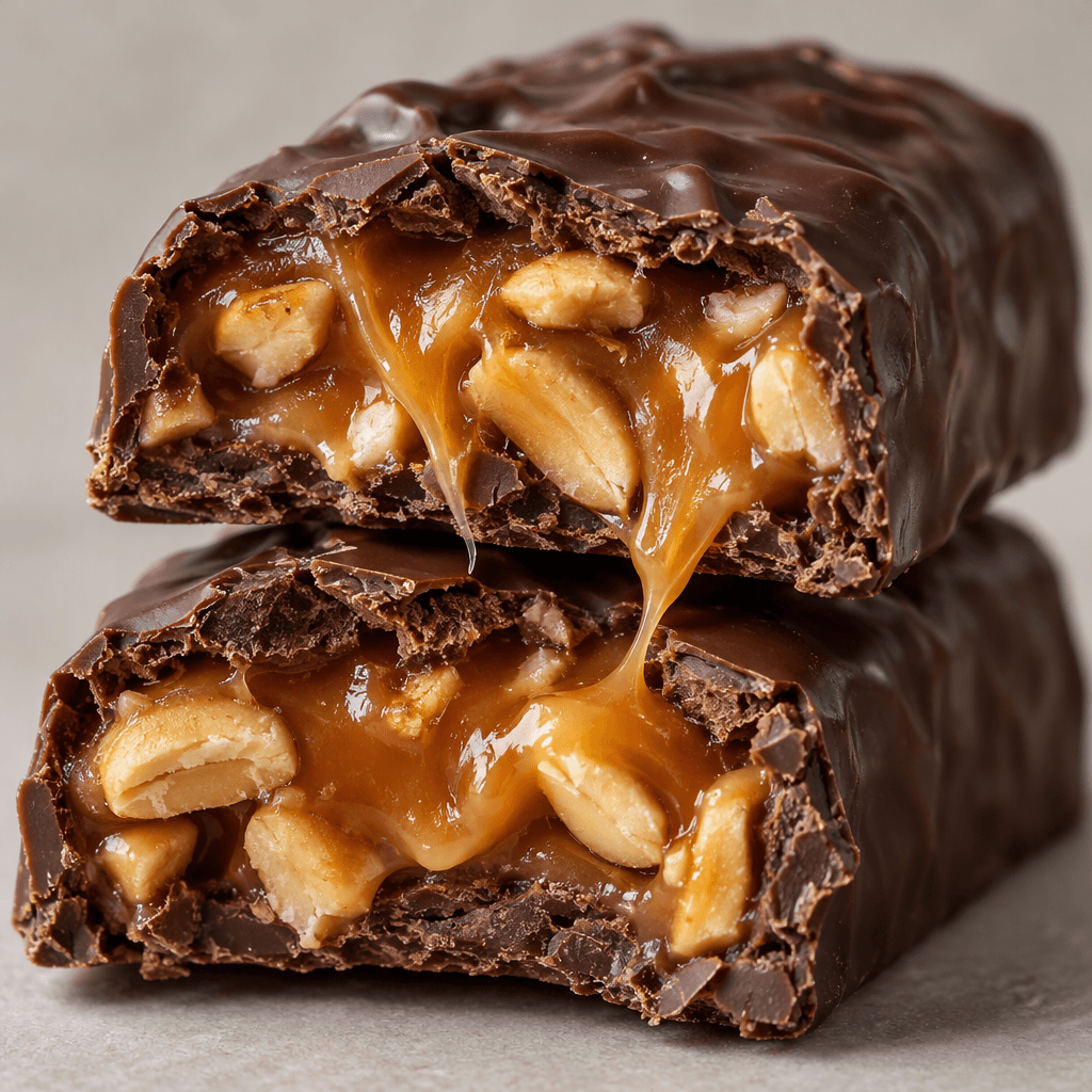 A dark-brown chocolate bar with a glossy, slightly uneven coating, broken to reveal chewy caramel and embedded peanut pieces.