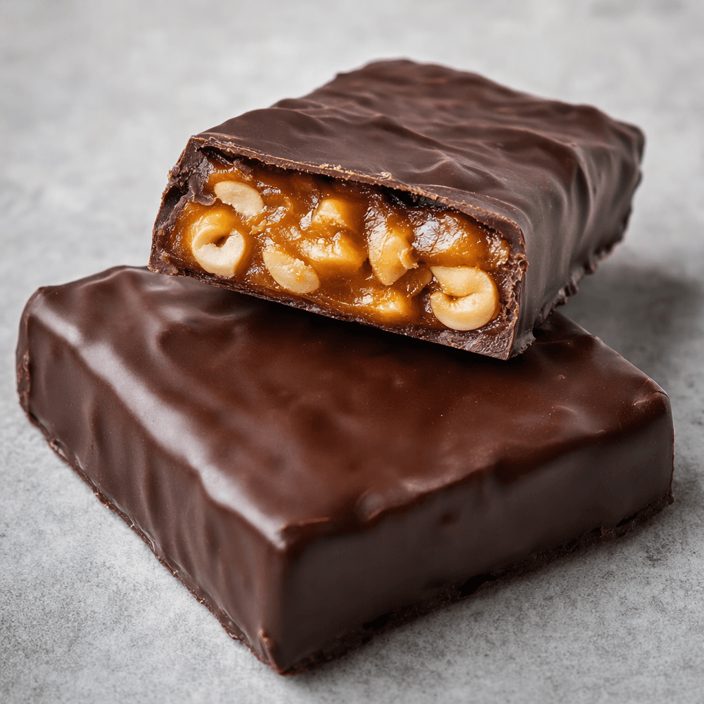 A rectangular dark chocolate bar with a slightly glossy, uneven surface, shown whole beside a broken piece revealing a chewy amber caramel center studded with pale roasted peanuts.