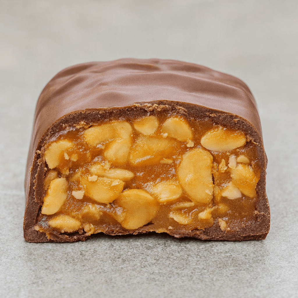 A compact, rounded rectangular bar coated in smooth milk chocolate, with a cut end revealing golden caramel packed with whole and broken peanuts.