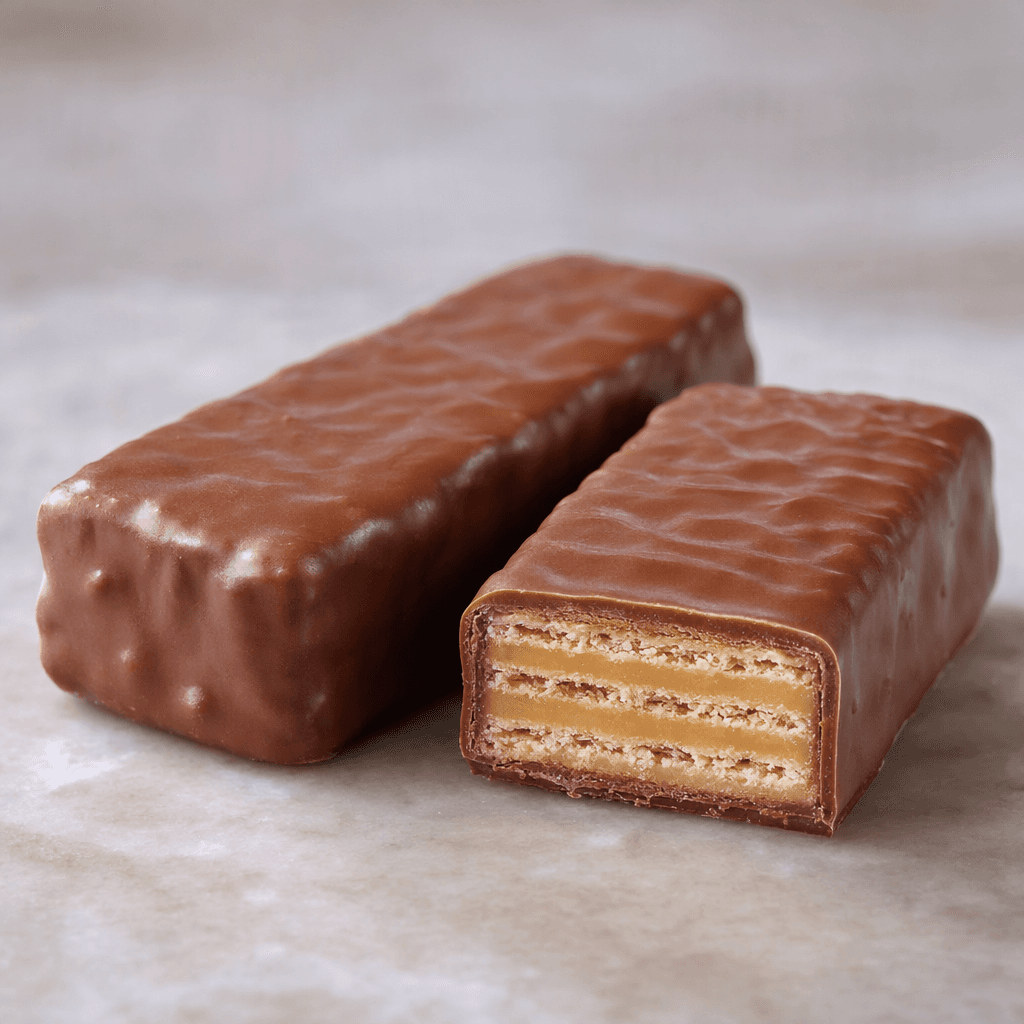 A chunky, rectangular bar with a smooth milk-chocolate coating, shown whole beside a cut piece revealing thin crisp wafer layers and a pale filling inside.