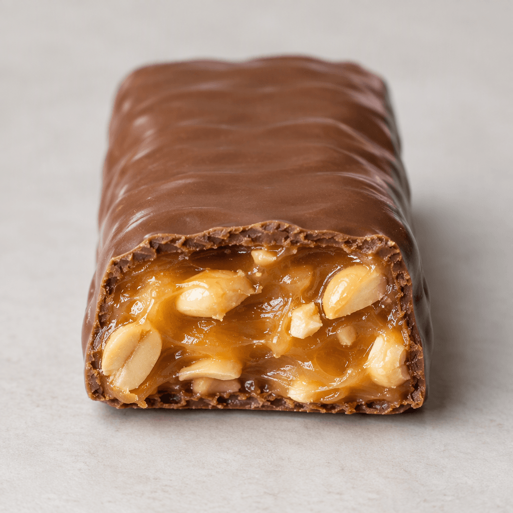 A rectangular milk-chocolate-coated bar with a glossy brown surface and a cut end showing chewy golden caramel studded with pale peanut pieces.