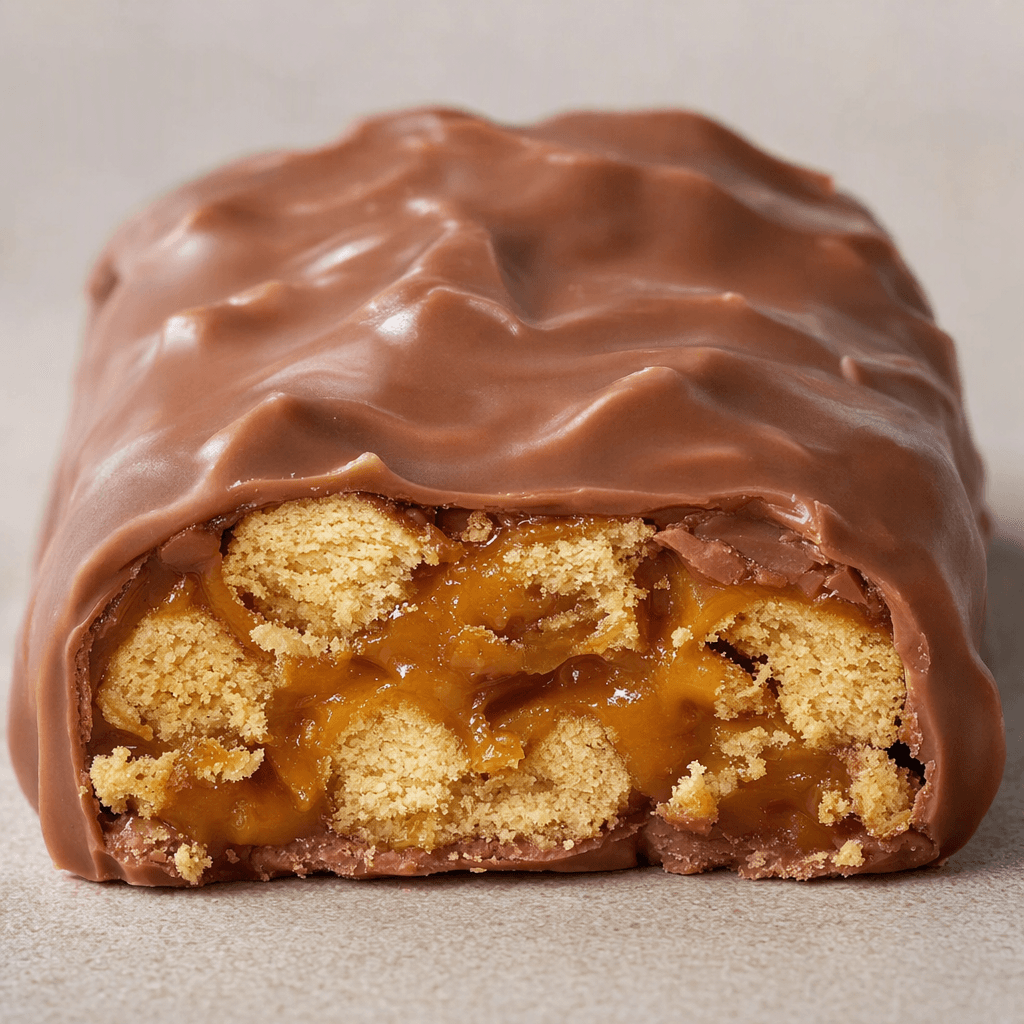 A chunky, irregular rectangular bar coated in milk chocolate, with a cross-section showing golden biscuit pieces and glossy caramel beneath the coating.