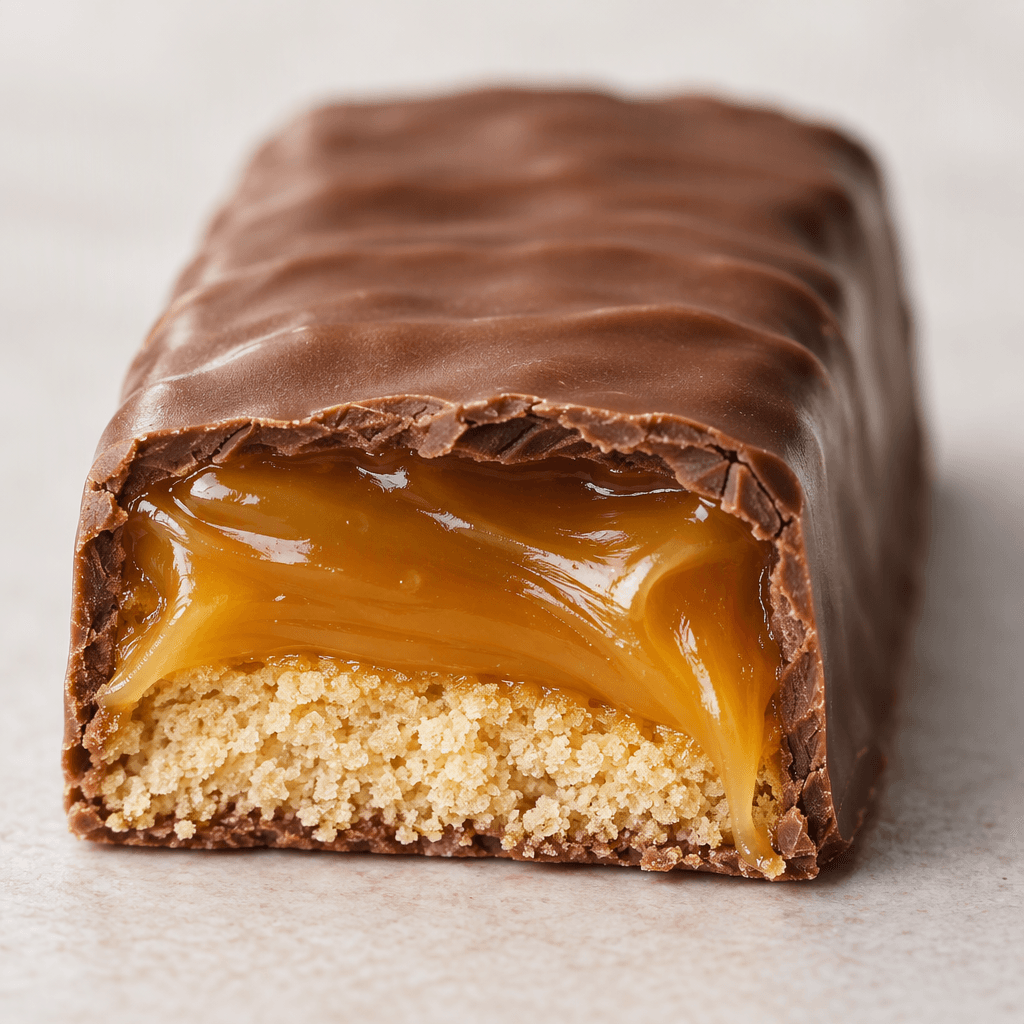 A rectangular bar coated in smooth brown chocolate, with a cut end showing a light biscuit layer and a glossy golden caramel filling.