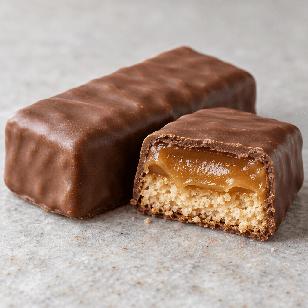 A rectangular chocolate-coated bar with a smooth medium-brown exterior, shown whole beside a cut piece revealing a pale, crumbly cookie layer and a thick golden-brown caramel filling.