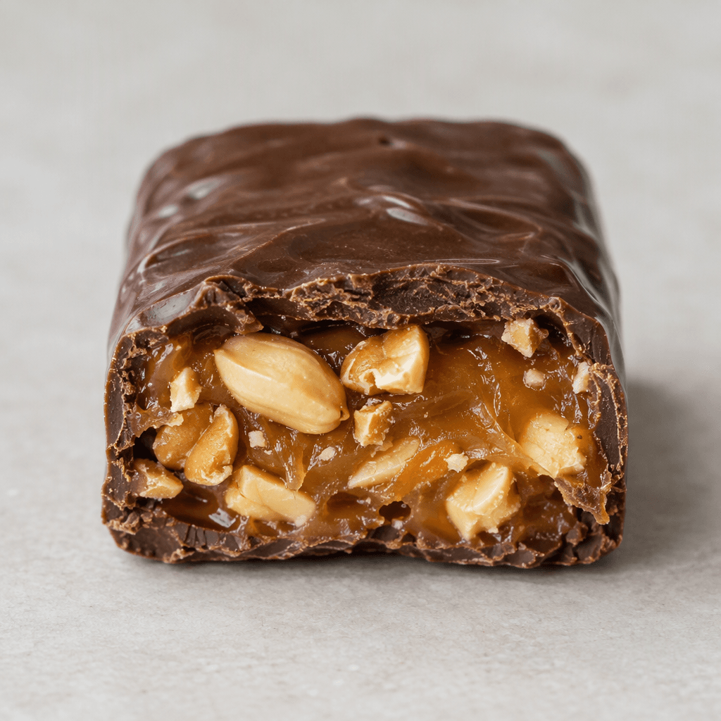 A short rectangular bar with a dark brown chocolate coating, cut to reveal a chewy amber caramel center studded with whole and broken peanuts.