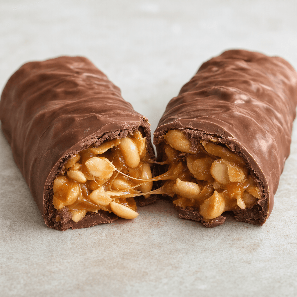 A long, chunky milk-chocolate-coated bar with a slightly uneven, ridged surface, broken open to reveal sticky golden caramel packed with whole and chopped peanuts.