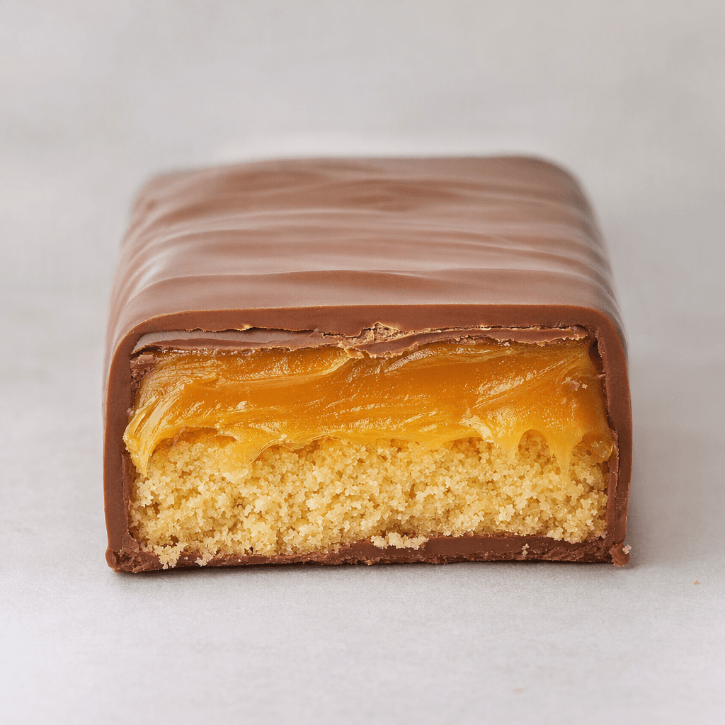 A rectangular bar with a smooth milk-chocolate coating, shown with a cut end revealing a pale, crumbly cookie layer and golden caramel inside.