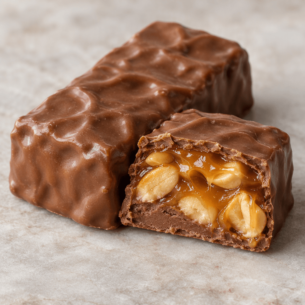 A thick, rectangular milk-chocolate bar with a slightly uneven glossy brown coating, shown whole beside a cut piece revealing sticky golden caramel and whole peanuts inside.