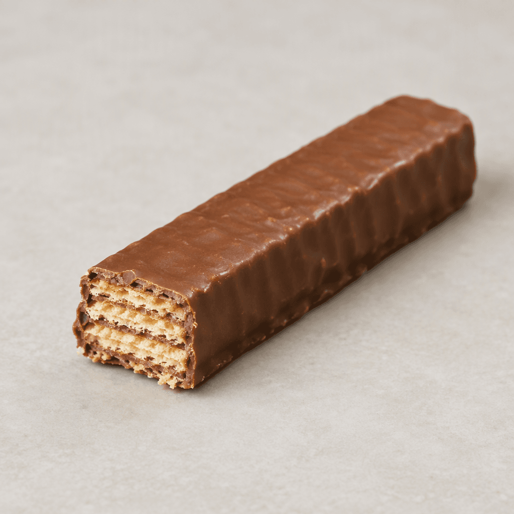 A slim, rectangular wafer bar coated in smooth milk chocolate, with crisp, pale golden wafer layers visible at one broken end.