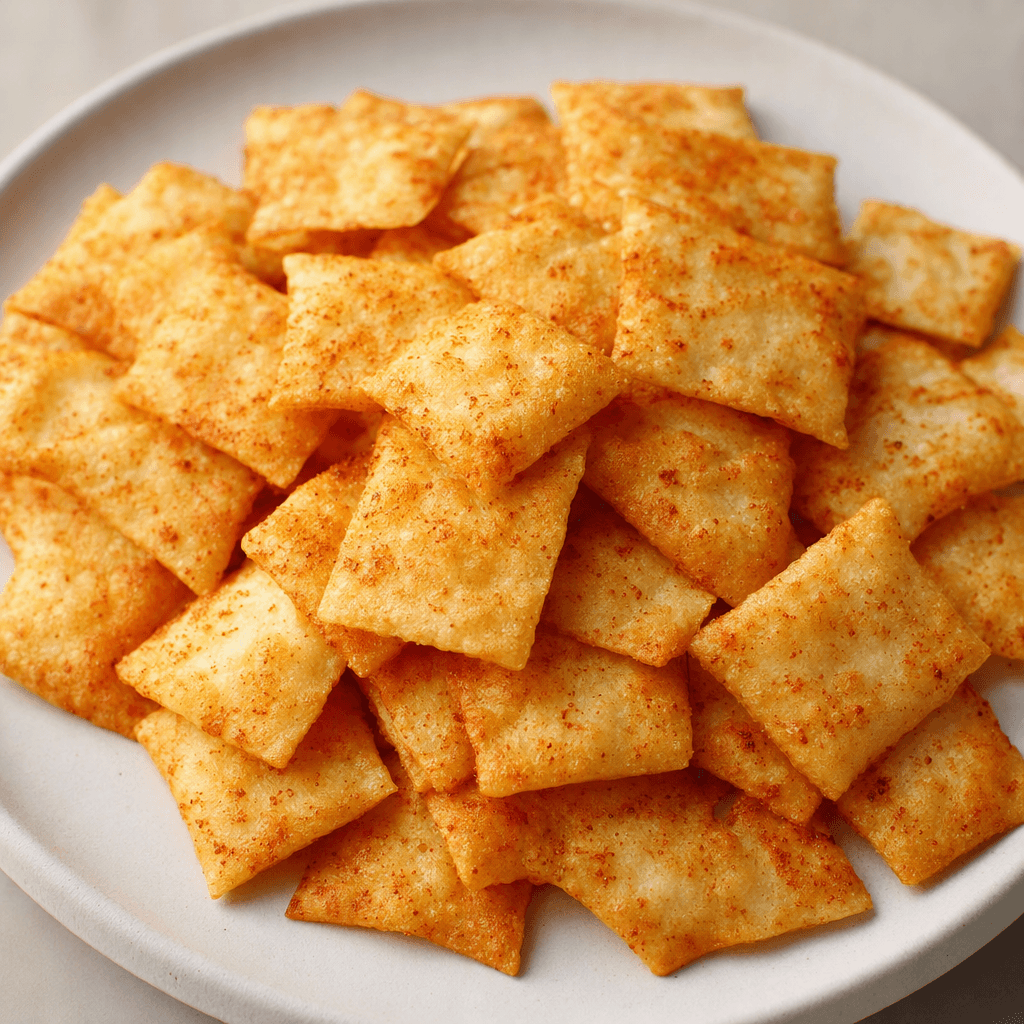 Small, thin, golden-beige crackers with lightly browned edges and a fine reddish-orange seasoning dust are scattered across a plain plate.