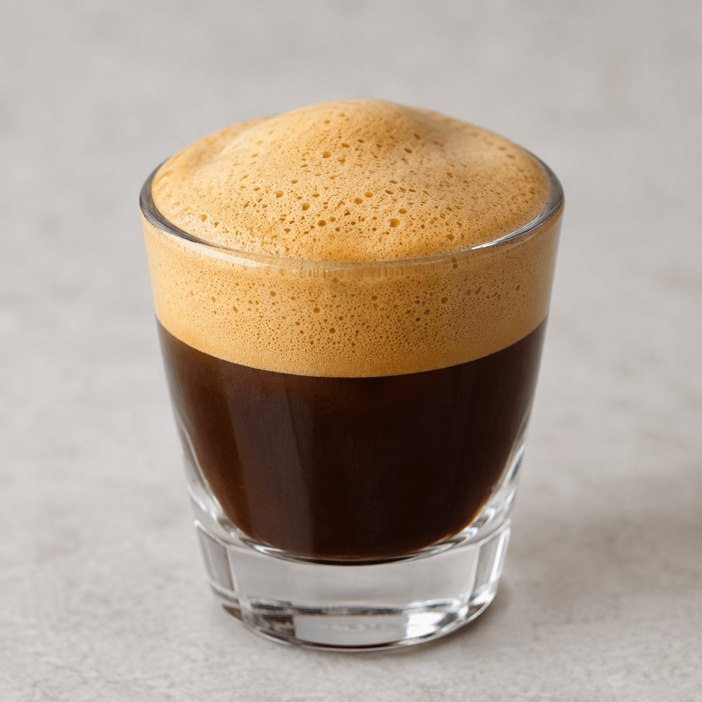 A small cup filled with dark brown espresso topped by a thick, smooth layer of pale tan foam, with fine bubbles and a rounded mound of crema-like froth rising slightly above the rim.