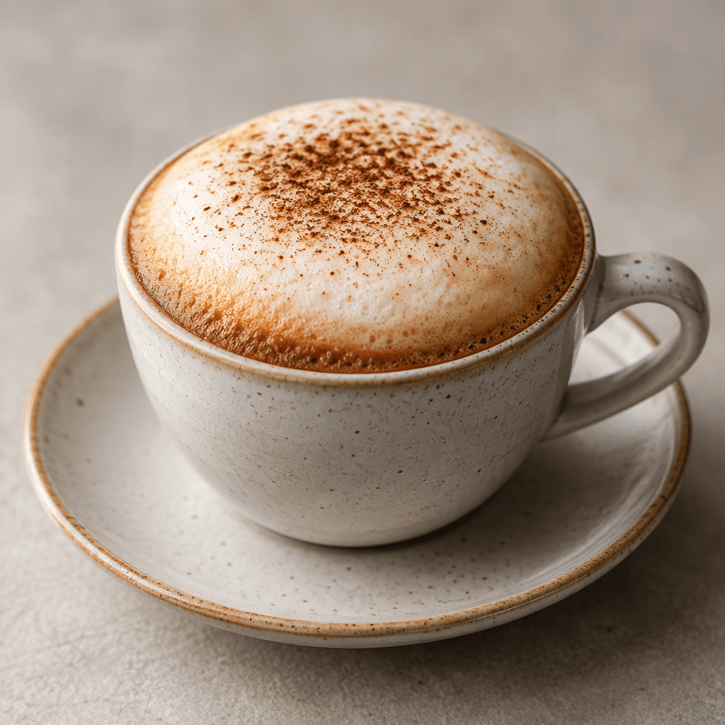 A cappuccino sits in a small cup, with deep brown coffee beneath a thick layer of pale beige oat-milk foam.