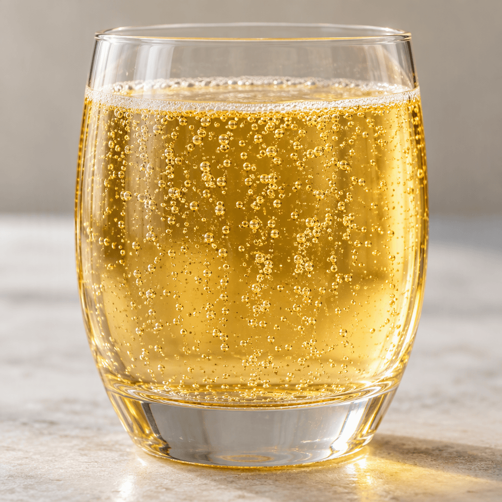 A golden-yellow sparkling drink sits in a clear glass, with fine bubbles rising through the translucent liquid.