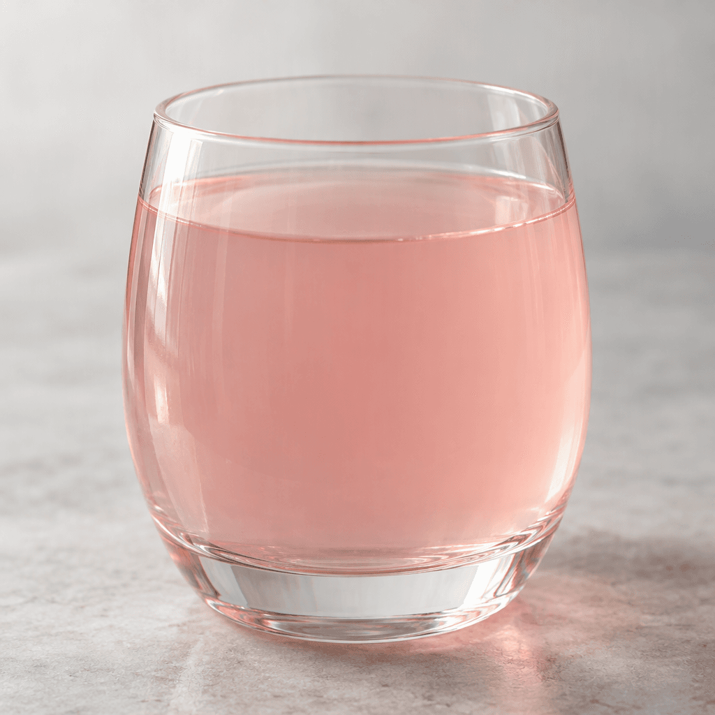 A translucent pale-pink drink sits in a clear glass, with a smooth surface and no visible garnish.
