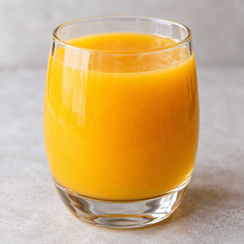 A glass of opaque golden-orange fruit nectar with a smooth, slightly thick appearance.
