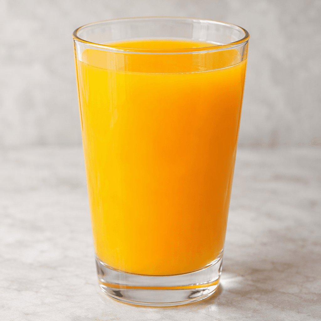 A clear glass filled with smooth, opaque orange liquid, its surface level and bright orange in colour.