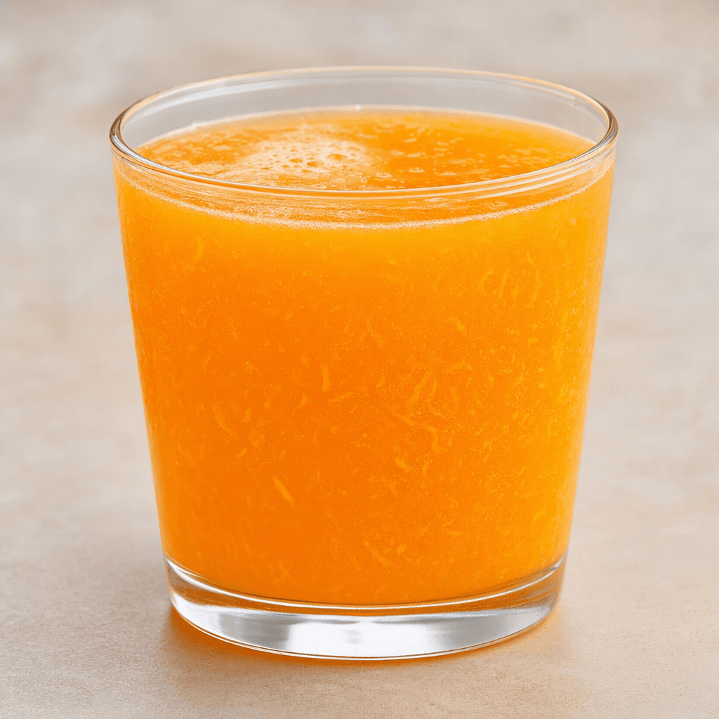 A bright orange, slightly cloudy drink with small pieces of orange pulp suspended throughout, served in a clear glass.