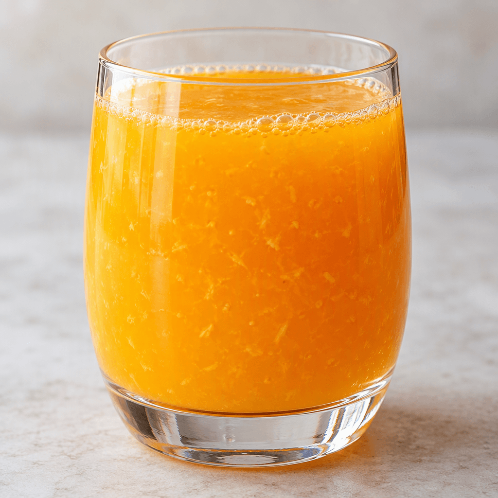 A bright orange fruit drink with tiny pulp flecks, poured into a clear glass.
