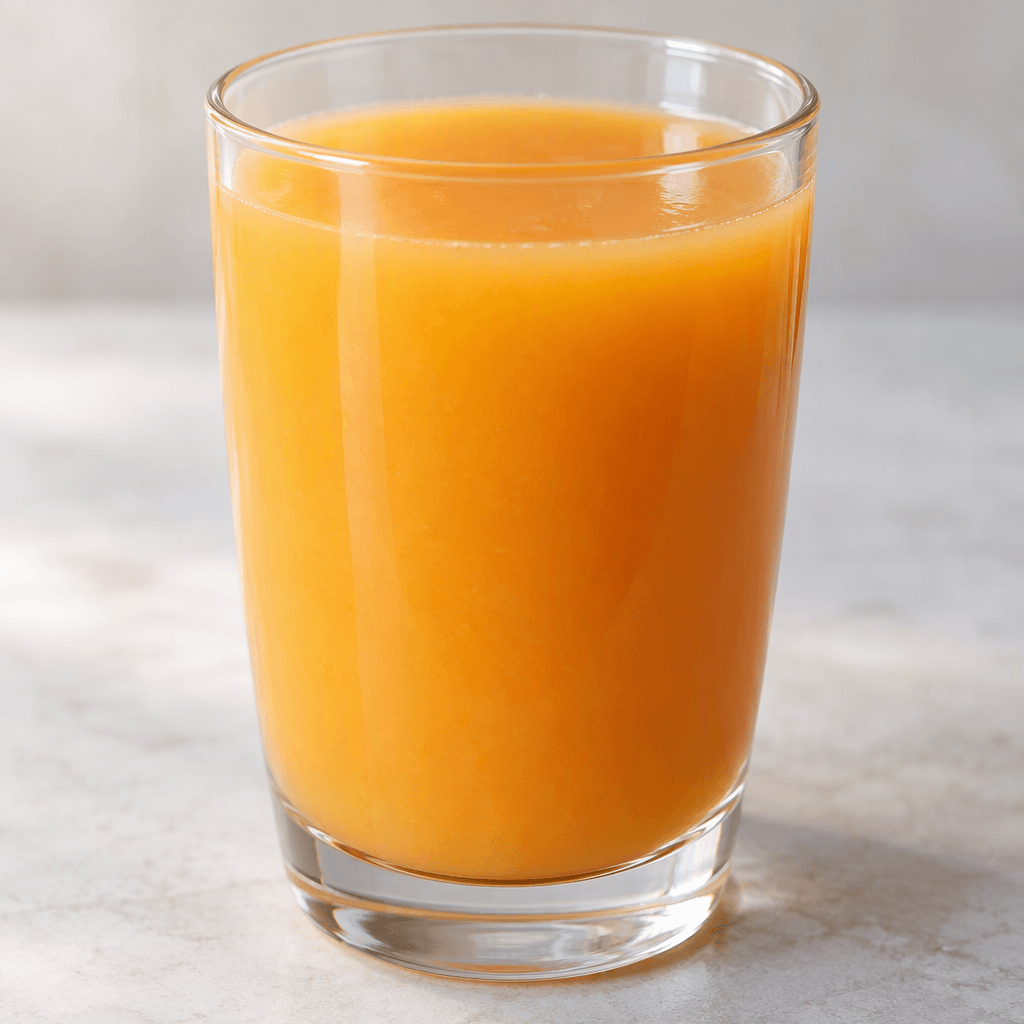A glass of opaque, smooth peach-orange nectar with a uniform, slightly thick appearance.