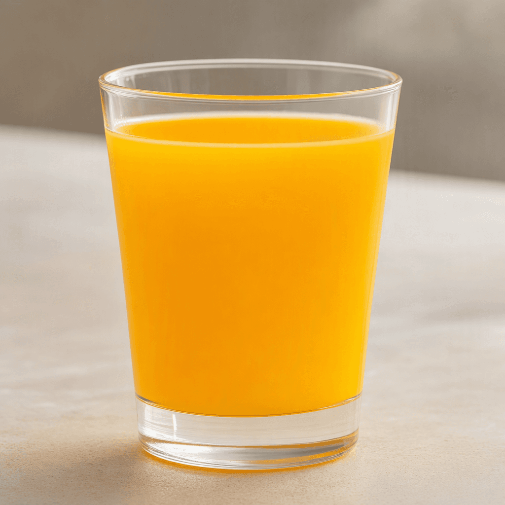 A smooth, opaque golden-orange fruit juice fills a clear glass, with a level surface and no visible pulp or garnish.