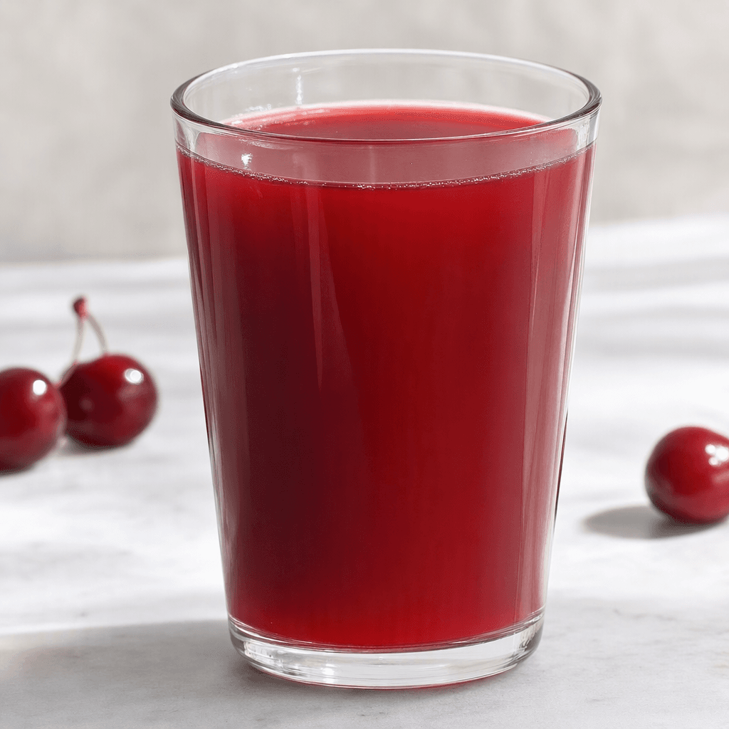 A smooth, opaque deep ruby-red cherry drink fills a clear glass.