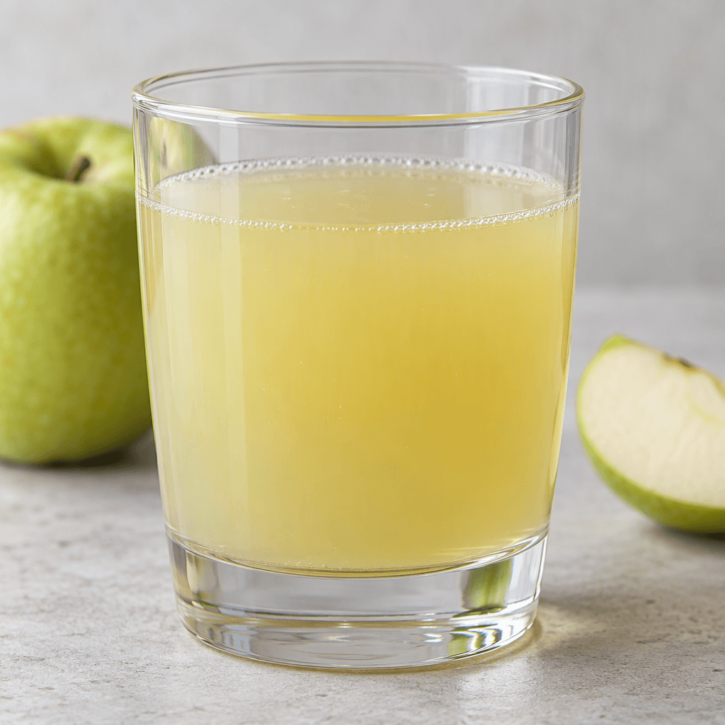 Pale yellow-green apple juice with a clear, slightly cloudy appearance, served in a transparent glass.