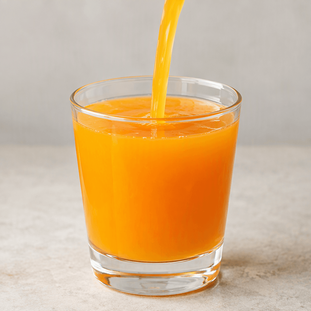 A bright orange, slightly translucent drink is poured into a clear glass, with a smooth, even surface.