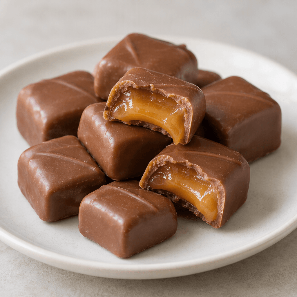 Small, smooth milk-chocolate-brown pieces with a soft sheen, with golden caramel visible in the cut centre, arranged on a plain plate.