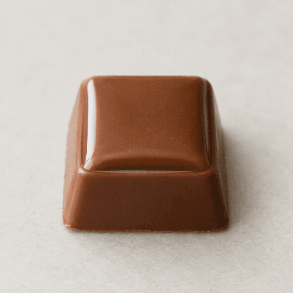A small, square piece of milk chocolate with a smooth, glossy brown surface and subtly molded edges.