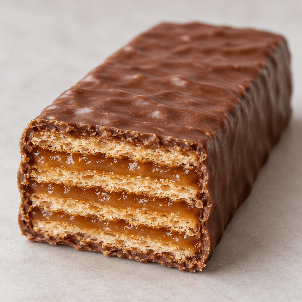 A rectangular chocolate-coated wafer bar with a smooth brown surface and a cut end revealing thin golden wafer layers separated by caramel filling.
