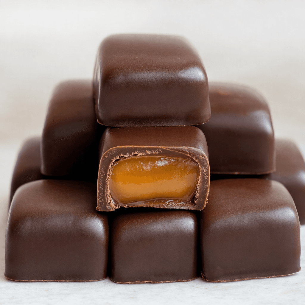 Small, smooth, dark-brown chocolate pieces are arranged together, with a cut piece showing a soft, golden-amber caramel centre.