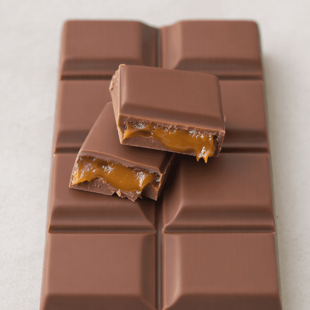 A rectangular milk-chocolate bar divided into segments, with a smooth brown coating and a broken piece showing a thick golden-amber caramel center.