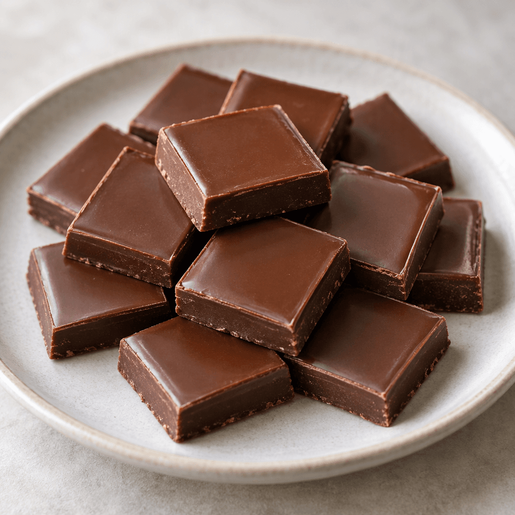 Small, square pieces of brown chocolate with smooth, slightly glossy tops and straight edges are arranged on a plate.