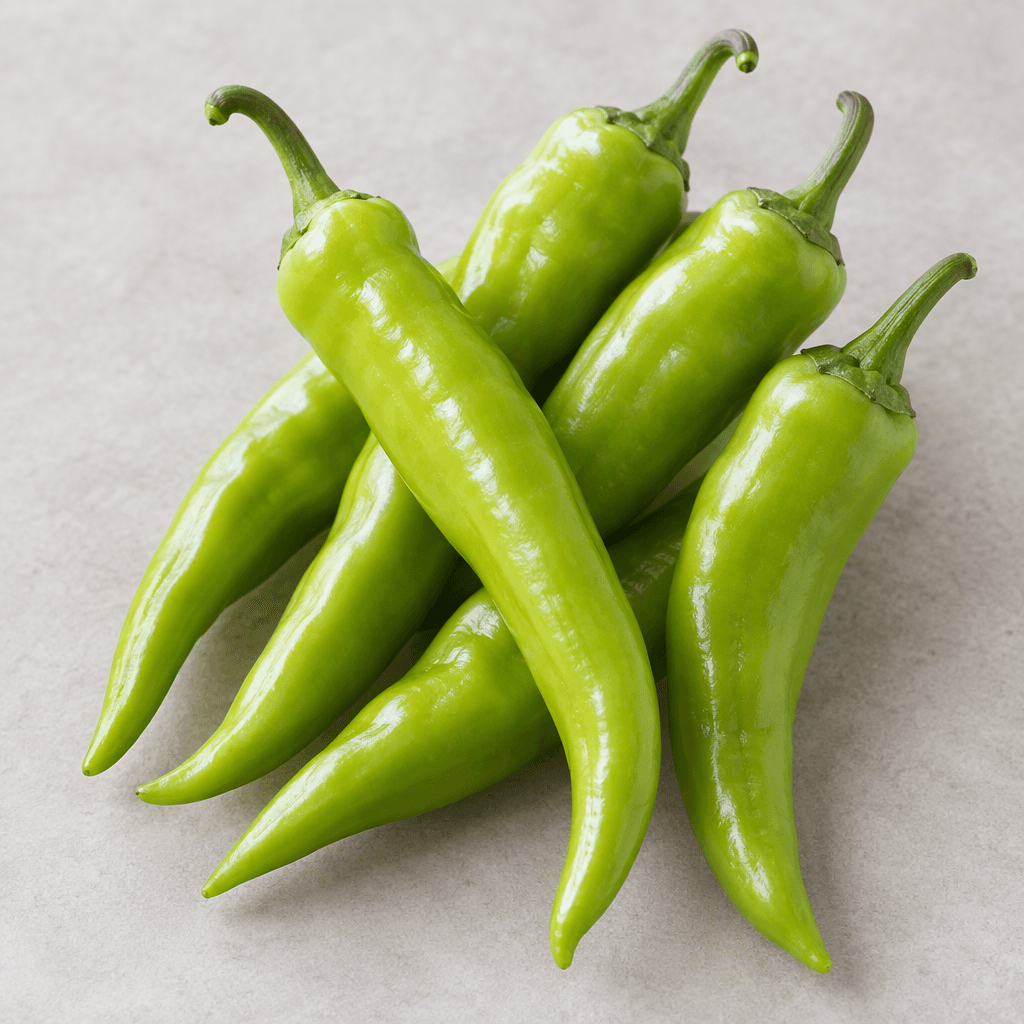 Long, slender Carliston peppers with smooth, glossy pale-green skin, gently curved tapered bodies, and narrow pointed tips, arranged whole with their green stems attached.