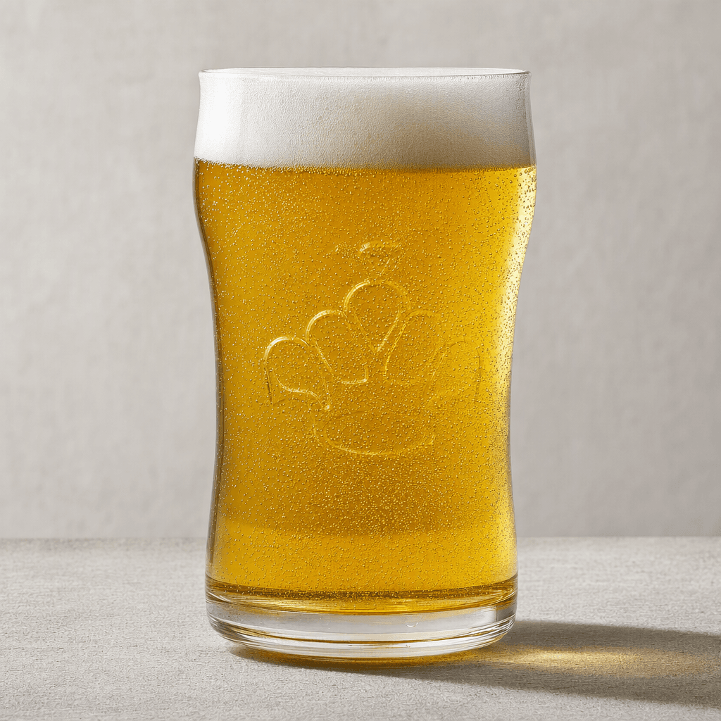 Clear golden-yellow beer with fine rising bubbles and a white foamy head, served in a transparent glass.