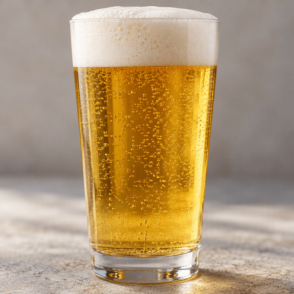 A tall clear glass holds pale golden beer with fine rising bubbles and a thick, creamy white foam head.