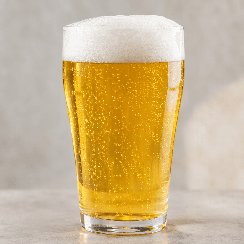A clear, pale golden beer with fine rising bubbles and a creamy white foam head, served in a transparent glass.