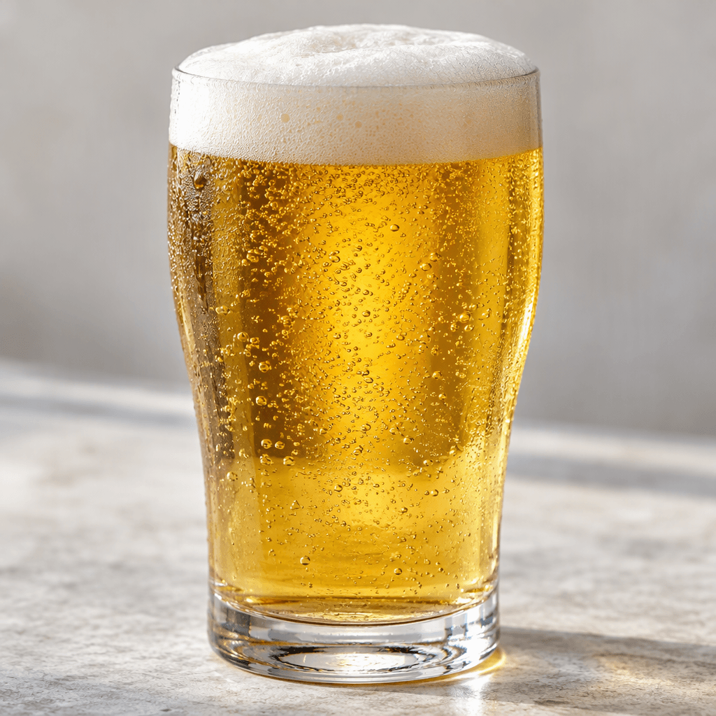 Golden beer with a clear, fine-bubbled body and a white foamy head sits in a transparent glass.