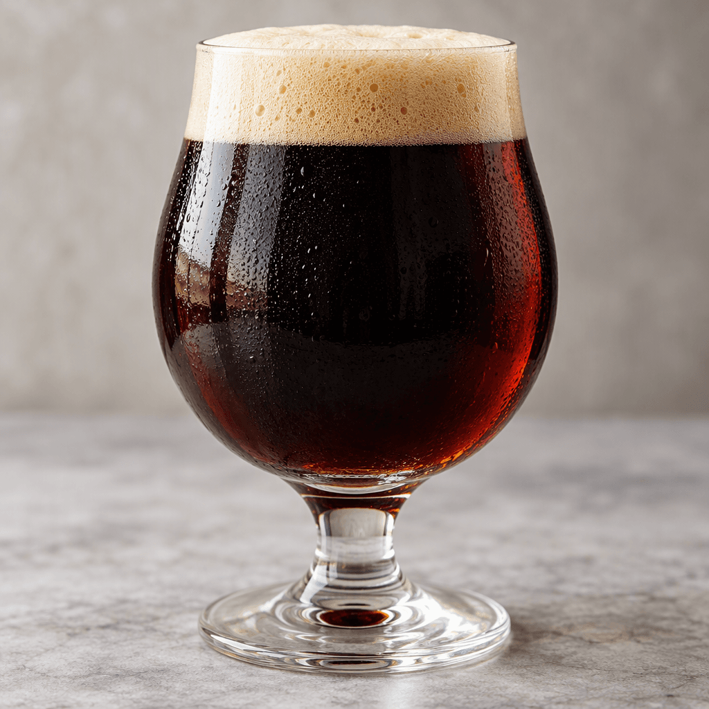 A dark brown, nearly black beer with ruby highlights and a creamy beige foam head, served in a clear glass.