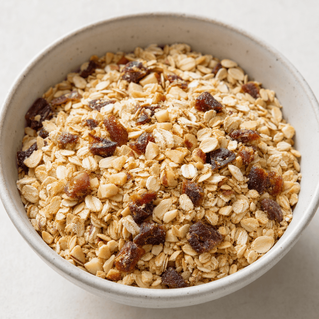A loose mixture of pale beige oat and grain flakes with scattered brown dried-fruit pieces and small tan nut fragments, served in a bowl.